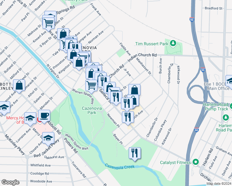 map of restaurants, bars, coffee shops, grocery stores, and more near 31 Duerstein Street in Buffalo