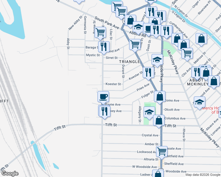 map of restaurants, bars, coffee shops, grocery stores, and more near 33 Trowbridge Street in Buffalo