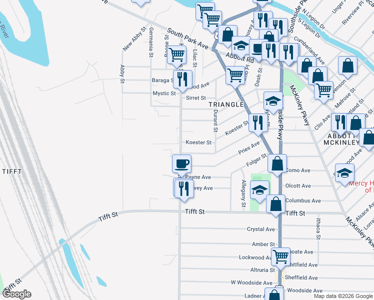 map of restaurants, bars, coffee shops, grocery stores, and more near 33 Trowbridge Street in Buffalo