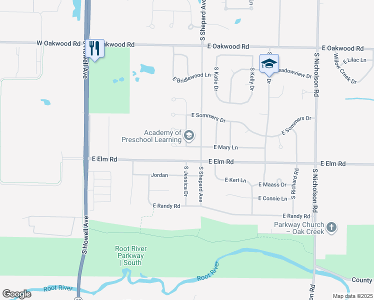 map of restaurants, bars, coffee shops, grocery stores, and more near 708 East Elm Road in Oak Creek