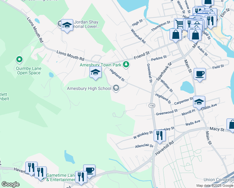map of restaurants, bars, coffee shops, grocery stores, and more near 5 Highland Street in Amesbury