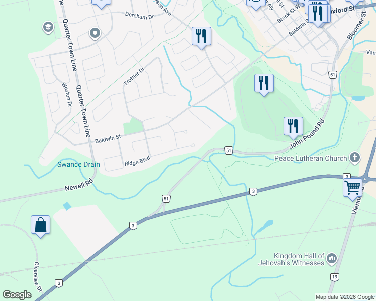 map of restaurants, bars, coffee shops, grocery stores, and more near 7 Thistle Court in Tillsonburg