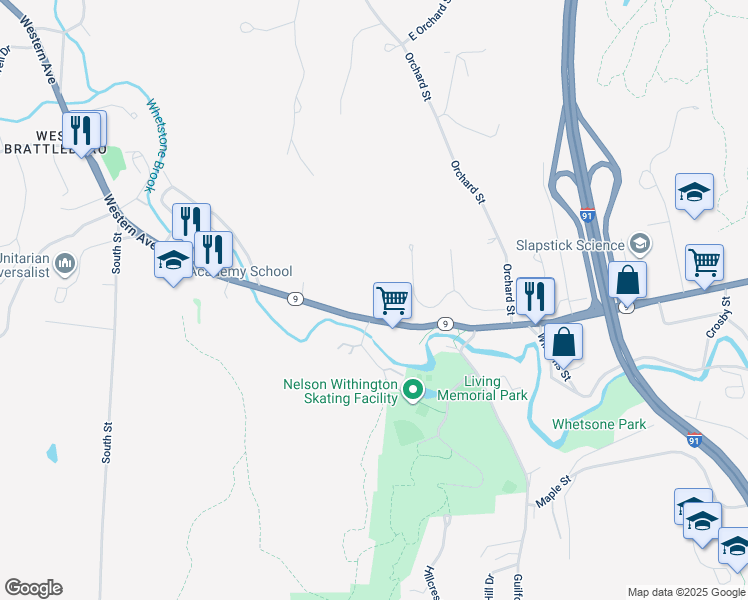 map of restaurants, bars, coffee shops, grocery stores, and more near 625 Western Avenue in Brattleboro