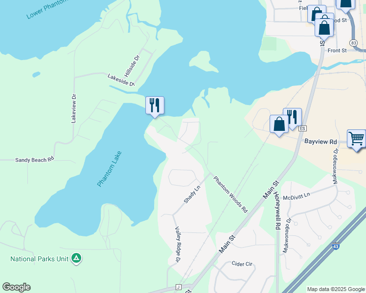 map of restaurants, bars, coffee shops, grocery stores, and more near W298S10655 Phantom Woods Road in Mukwonago