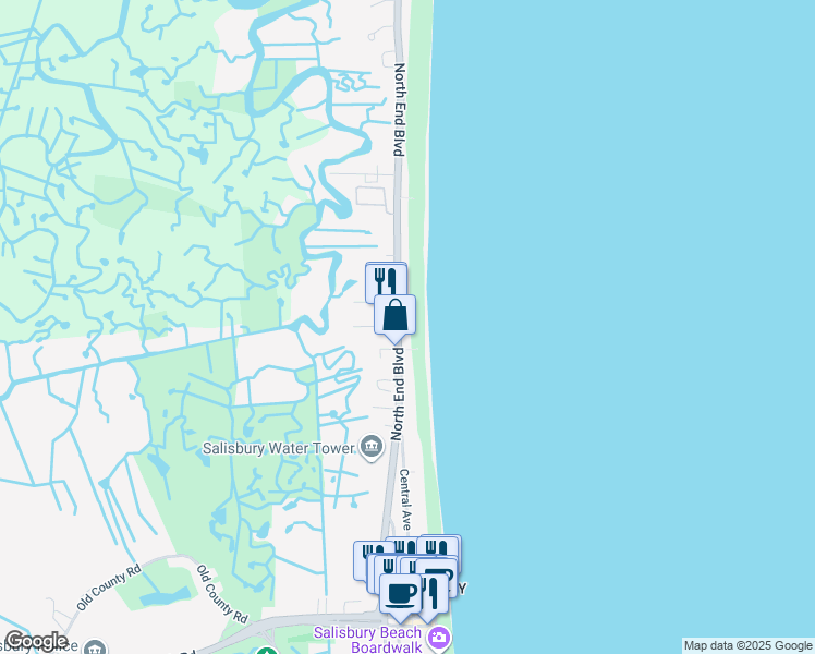 map of restaurants, bars, coffee shops, grocery stores, and more near 171 North End Boulevard in Salisbury