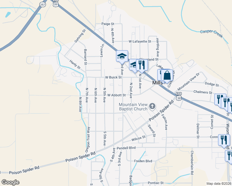 map of restaurants, bars, coffee shops, grocery stores, and more near 144 N 3rd Ave in Mills