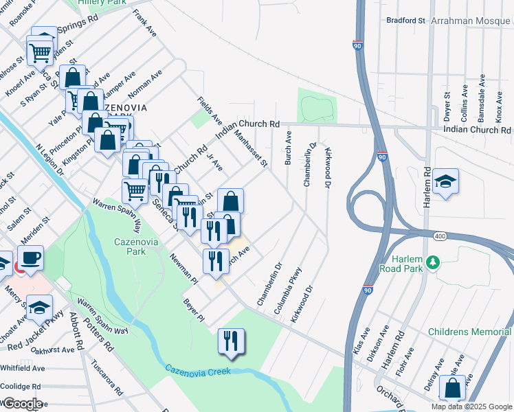 map of restaurants, bars, coffee shops, grocery stores, and more near 120 Burch Avenue in Buffalo