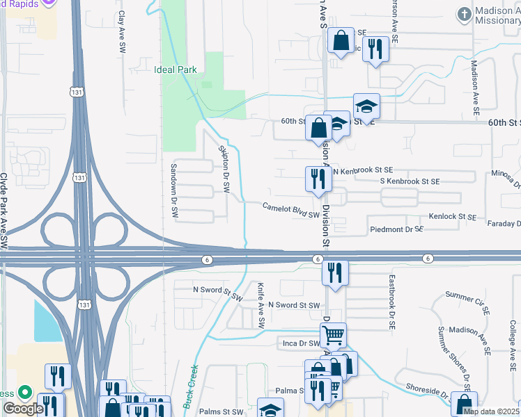 map of restaurants, bars, coffee shops, grocery stores, and more near 170 Camelot Boulevard Southwest in Grand Rapids