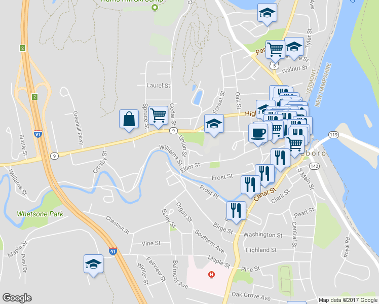 map of restaurants, bars, coffee shops, grocery stores, and more near 5 Butterfly Lane in Brattleboro