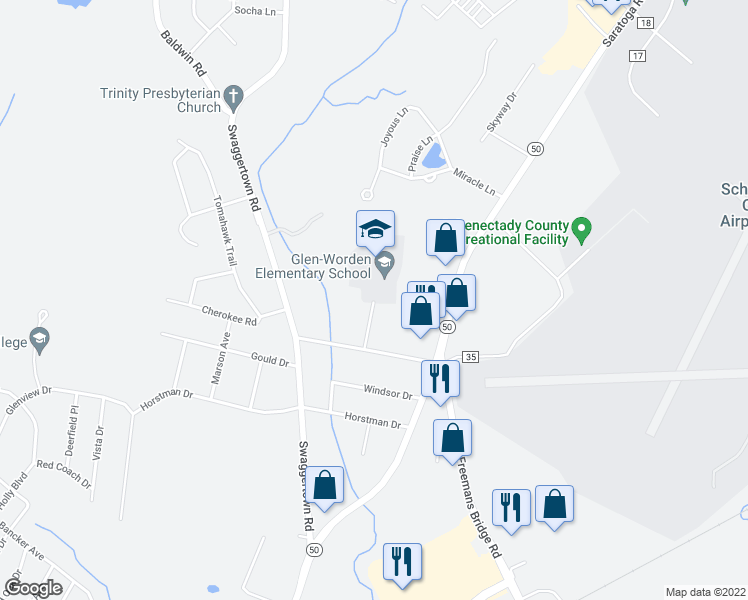 map of restaurants, bars, coffee shops, grocery stores, and more near Glen Worden School Road in Schenectady