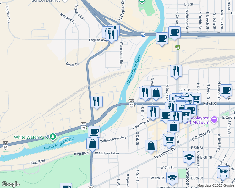 map of restaurants, bars, coffee shops, grocery stores, and more near 195-999 Pronghorn St in Casper