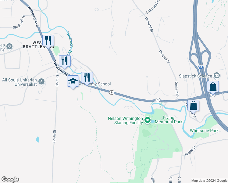 map of restaurants, bars, coffee shops, grocery stores, and more near 539 Western Avenue in West Brattleboro