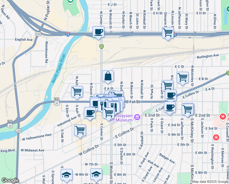 map of restaurants, bars, coffee shops, grocery stores, and more near 159 North Wolcott Street in Casper