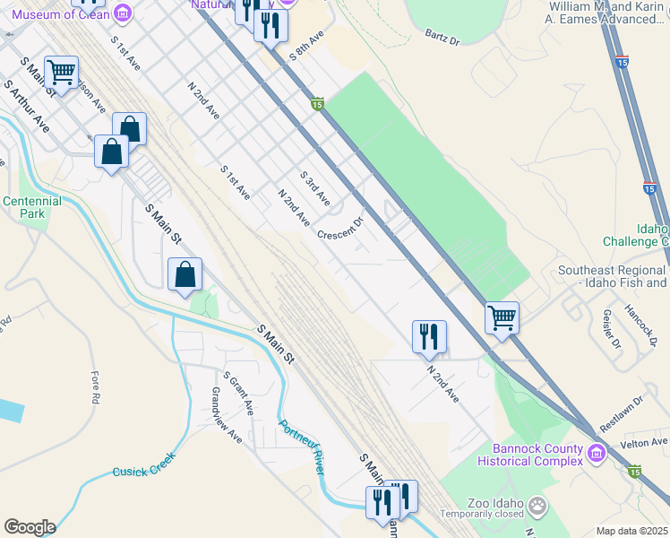 map of restaurants, bars, coffee shops, grocery stores, and more near 1919 South 2nd Avenue in Pocatello