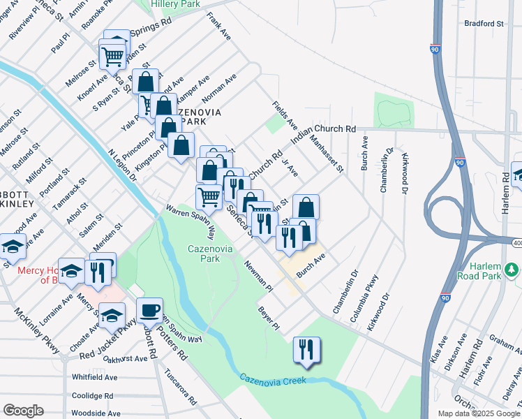 map of restaurants, bars, coffee shops, grocery stores, and more near 31 Duerstein Street in Buffalo