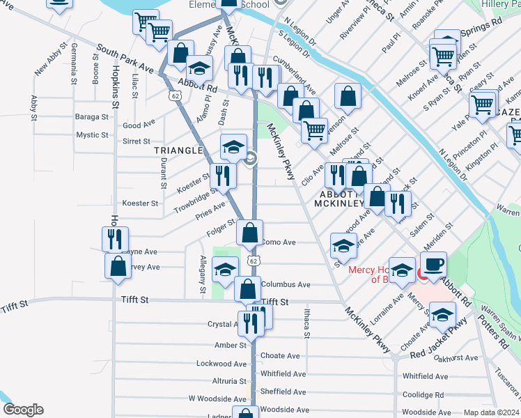 map of restaurants, bars, coffee shops, grocery stores, and more near 69 Southside Parkway in Buffalo