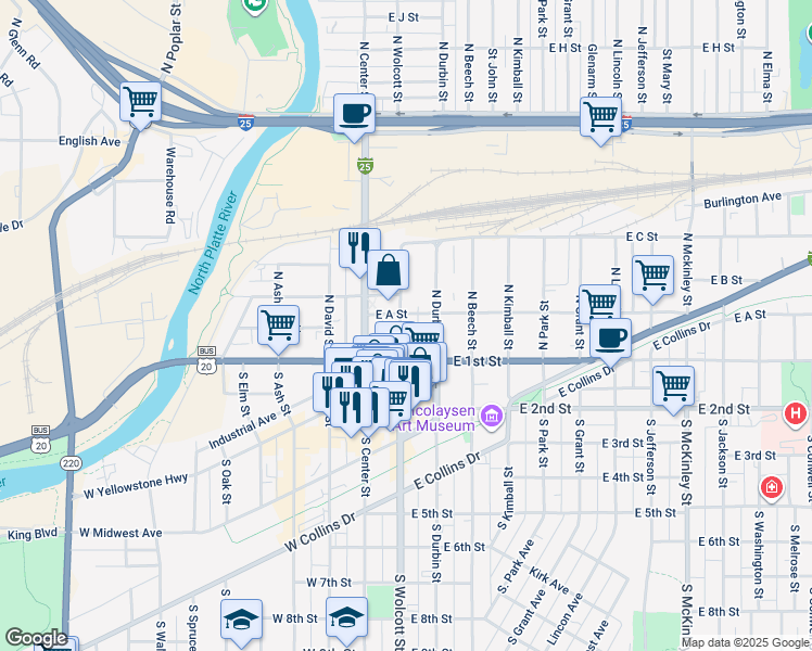 map of restaurants, bars, coffee shops, grocery stores, and more near 159 North Wolcott Street in Casper