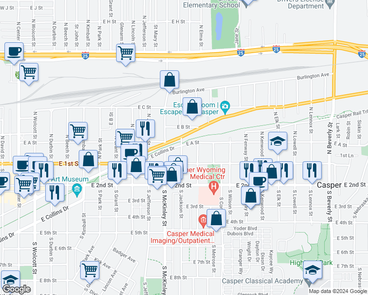 map of restaurants, bars, coffee shops, grocery stores, and more near 151 North Jackson Street in Casper