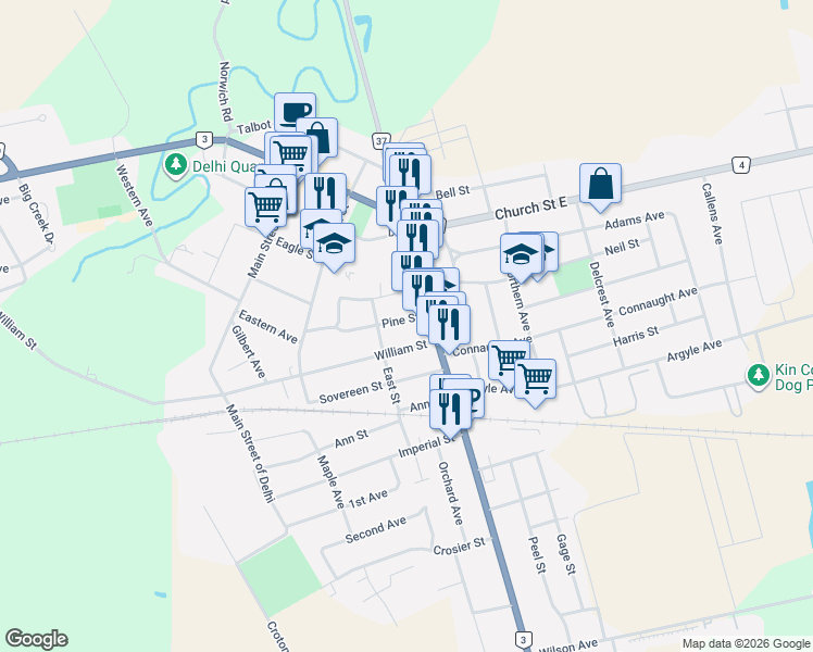 map of restaurants, bars, coffee shops, grocery stores, and more near 422 James Street in Delhi