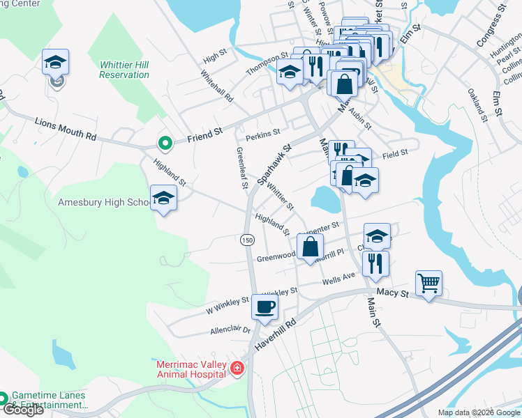 map of restaurants, bars, coffee shops, grocery stores, and more near 71 Highland Street in Amesbury