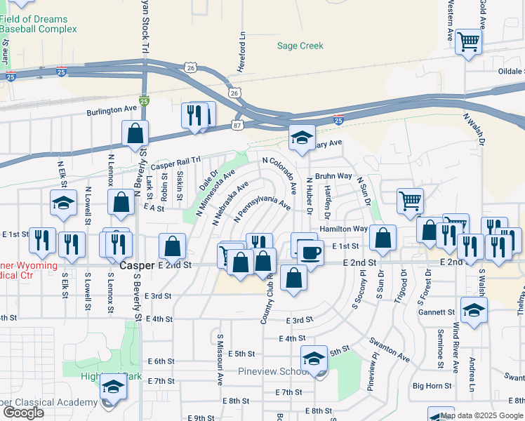 map of restaurants, bars, coffee shops, grocery stores, and more near 176 North Iowa Avenue in Casper