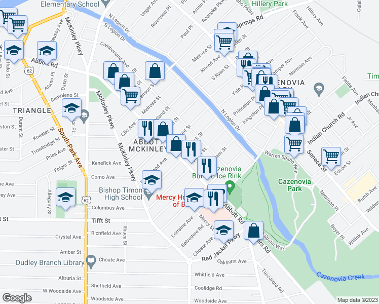 map of restaurants, bars, coffee shops, grocery stores, and more near 31 Tamarack Street in Buffalo