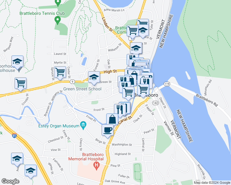 map of restaurants, bars, coffee shops, grocery stores, and more near 133 Elliot Street in Brattleboro