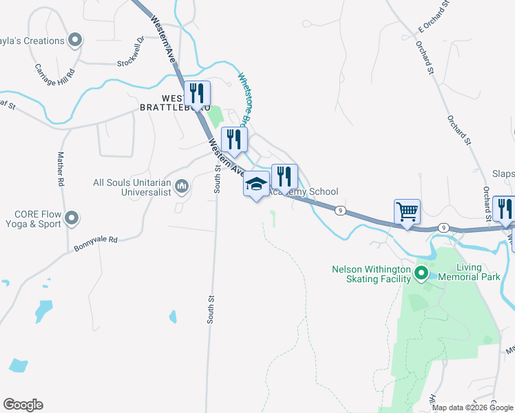 map of restaurants, bars, coffee shops, grocery stores, and more near 860 Western Avenue in West Brattleboro