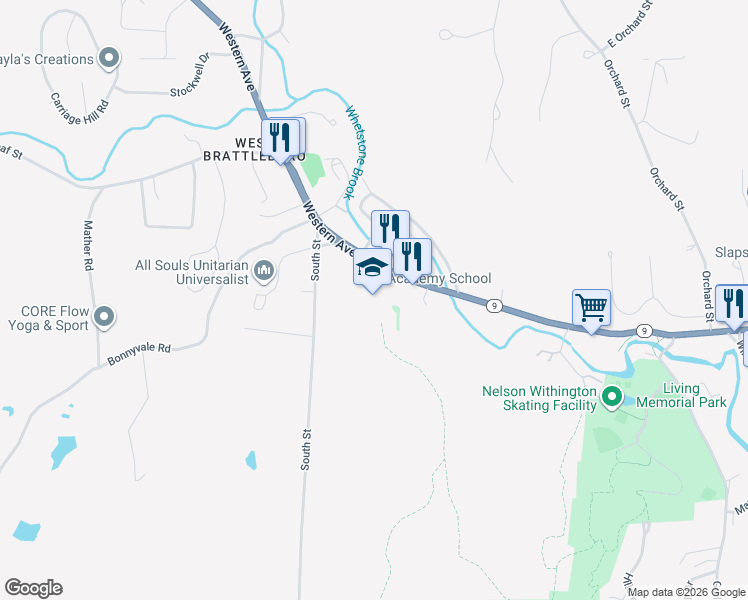 map of restaurants, bars, coffee shops, grocery stores, and more near 860 Western Avenue in West Brattleboro