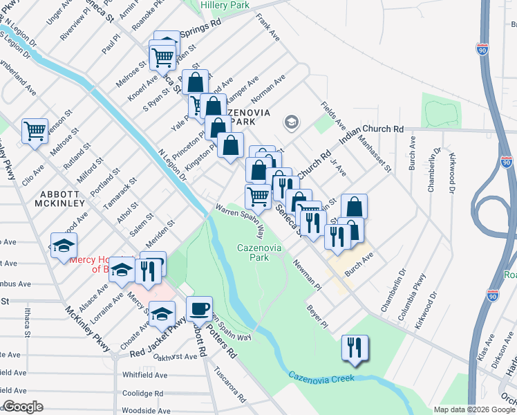 map of restaurants, bars, coffee shops, grocery stores, and more near 95 Warren Sphan Way in Buffalo