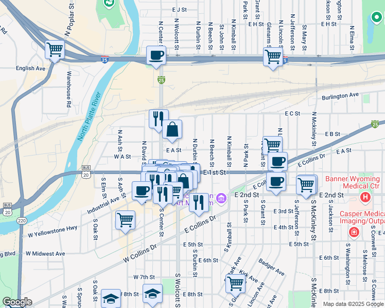 map of restaurants, bars, coffee shops, grocery stores, and more near 234 East 1st Street in Casper