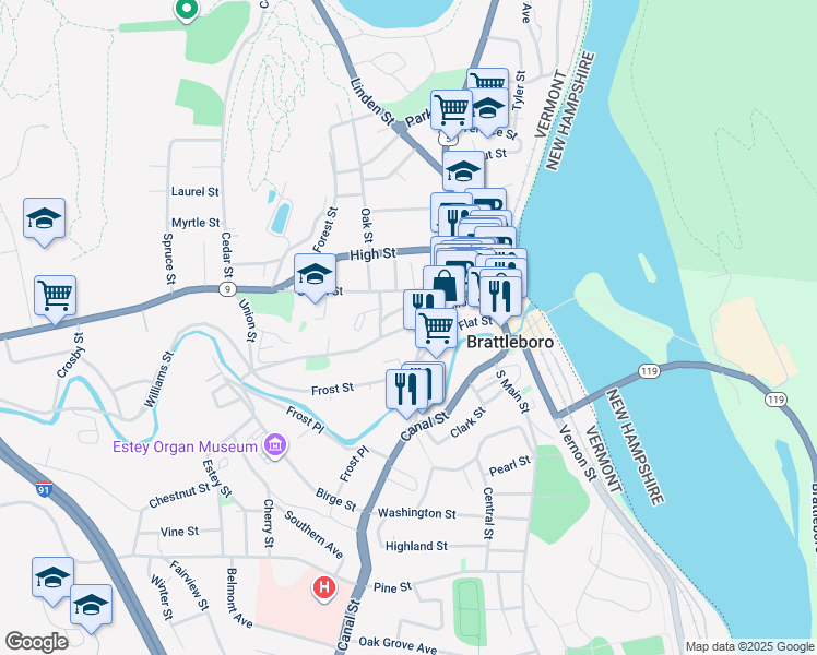map of restaurants, bars, coffee shops, grocery stores, and more near 29 Elm Street in Brattleboro