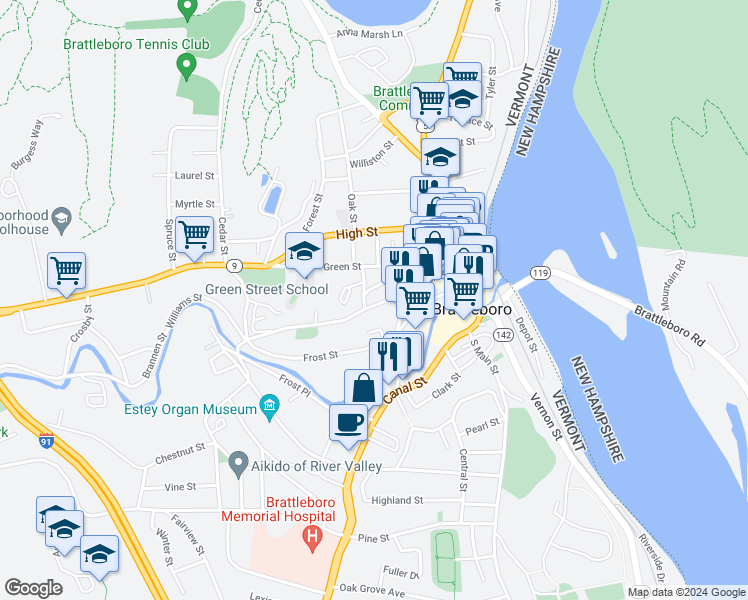 map of restaurants, bars, coffee shops, grocery stores, and more near 154 Elliot Street in Brattleboro