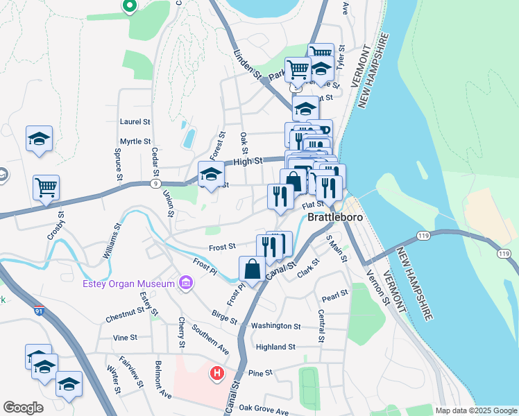 map of restaurants, bars, coffee shops, grocery stores, and more near 133 Elliot Street in Guilford