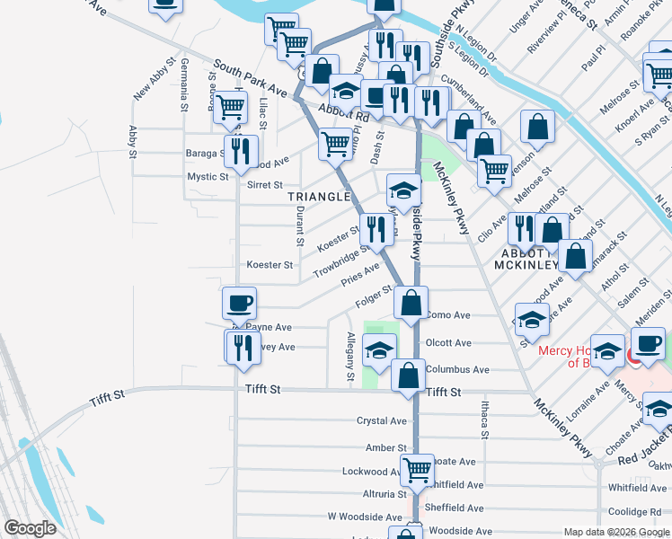 map of restaurants, bars, coffee shops, grocery stores, and more near 129 Trowbridge Street in Buffalo