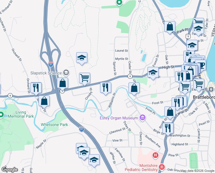 map of restaurants, bars, coffee shops, grocery stores, and more near 15 Shadow Lawn in Brattleboro