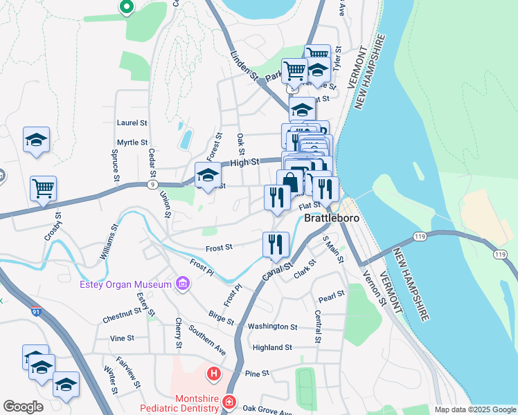 map of restaurants, bars, coffee shops, grocery stores, and more near 131 Elliot Street in Brattleboro