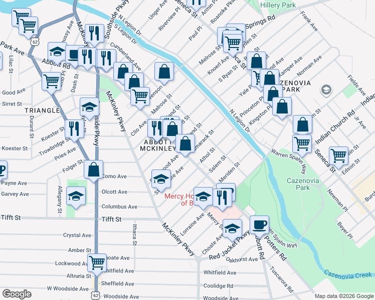 map of restaurants, bars, coffee shops, grocery stores, and more near 21 Portland Street in Buffalo