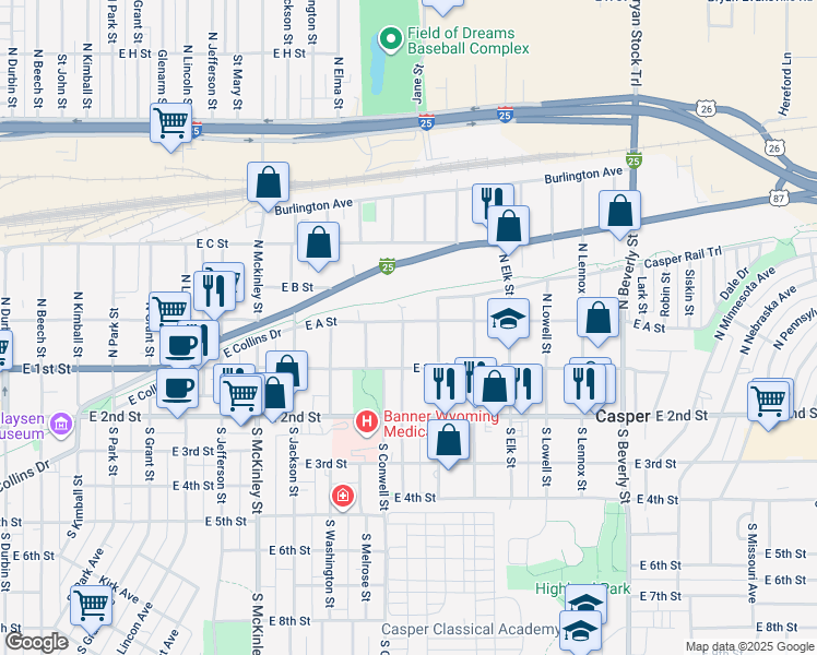map of restaurants, bars, coffee shops, grocery stores, and more near 163 North Wilson Street in Casper