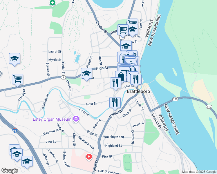 map of restaurants, bars, coffee shops, grocery stores, and more near 131 Elliot Street in Guilford
