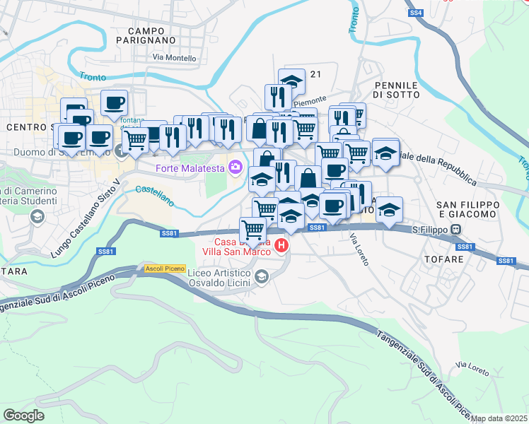 map of restaurants, bars, coffee shops, grocery stores, and more near 2 Via Mari Erasmo in Ascoli Piceno