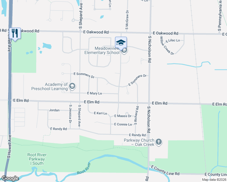 map of restaurants, bars, coffee shops, grocery stores, and more near 1140 East Sommers Drive in Oak Creek