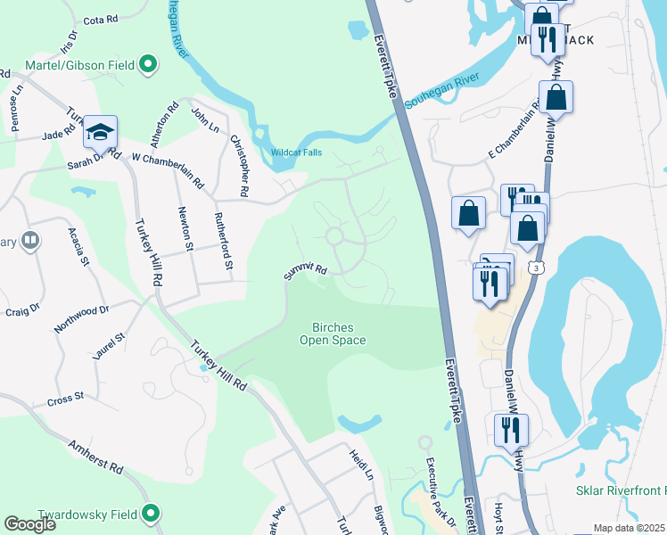 map of restaurants, bars, coffee shops, grocery stores, and more near 16 Lynn Drive in Merrimack