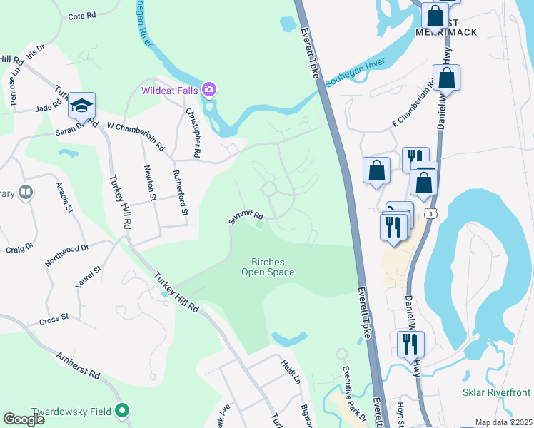 map of restaurants, bars, coffee shops, grocery stores, and more near 16 Lynn Drive in Merrimack