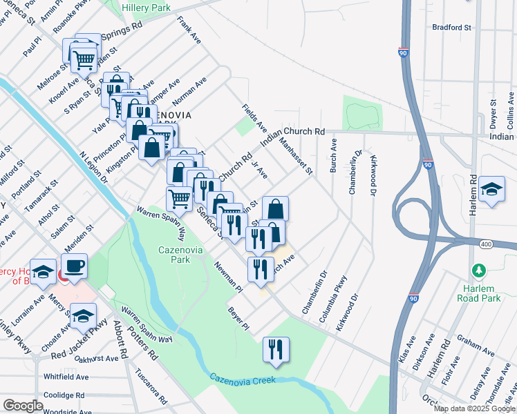 map of restaurants, bars, coffee shops, grocery stores, and more near 92 Duerstein Street in Buffalo