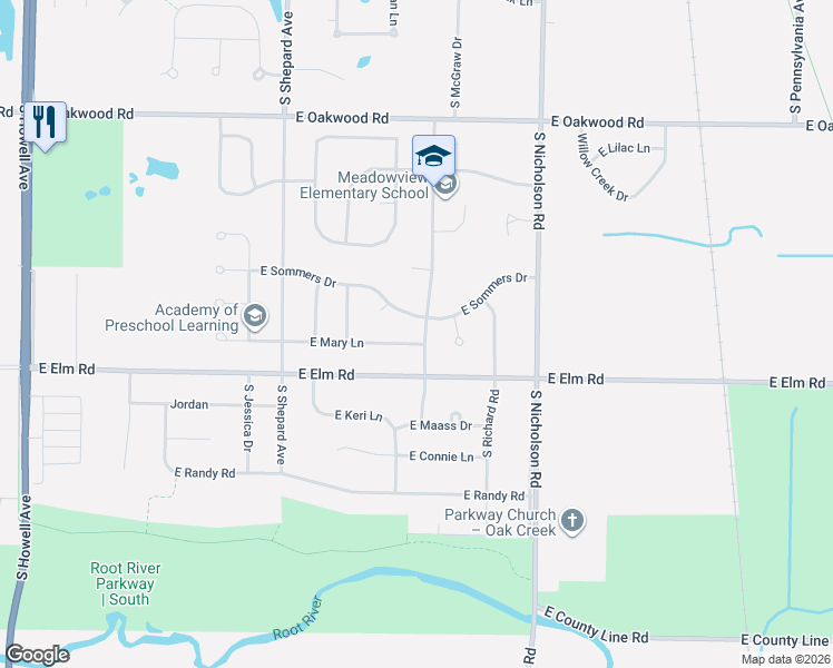 map of restaurants, bars, coffee shops, grocery stores, and more near 1140 East Sommers Drive in Oak Creek