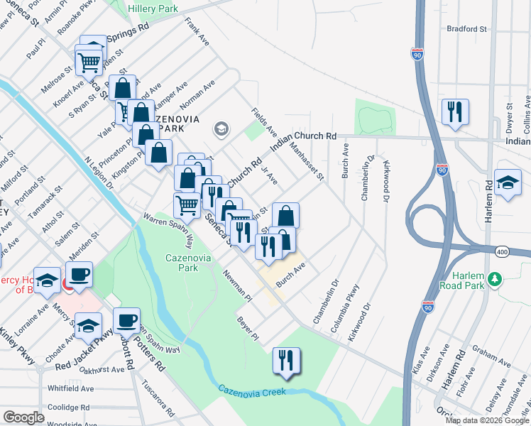map of restaurants, bars, coffee shops, grocery stores, and more near 71 Duerstein Street in Buffalo