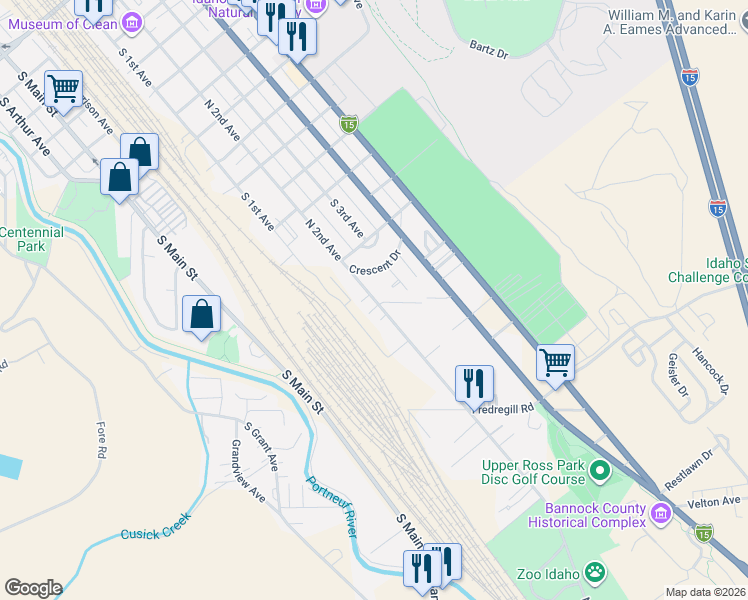 map of restaurants, bars, coffee shops, grocery stores, and more near 339 Crescent Drive in Pocatello