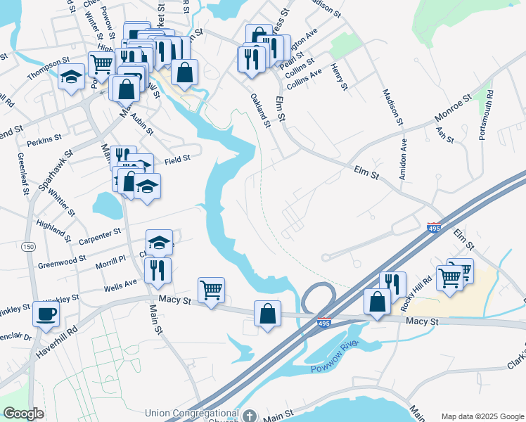 map of restaurants, bars, coffee shops, grocery stores, and more near Amesbury Riverwalk in Amesbury