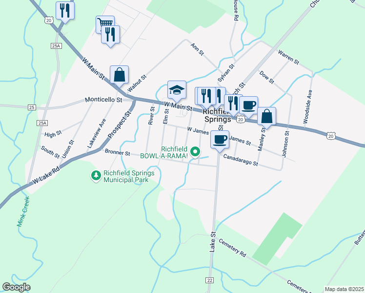 map of restaurants, bars, coffee shops, grocery stores, and more near 43 Center Street in Richfield Springs